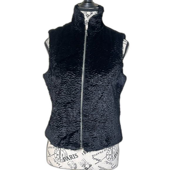 Tulle Faux Fur Black Vest Zip Up Women's Med Chic Mod Whimsigoth Cottage Glam - Picture 1 of 8